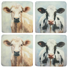 Load image into Gallery viewer, Moo cow cork coasters set of 4 farmhouse table decor