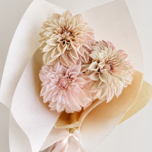 Load image into Gallery viewer, Three dried dahlia flowers in soft blush pink and cream tones, wrapped in white and beige tissue paper with a pale pink ribbon, photographed on a light neutral background.
