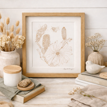 Load image into Gallery viewer, Orange Coastal Banksia &amp; Fluffy Teddy Bear Bee | Framed Botanical Print
