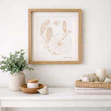 Load image into Gallery viewer, Orange Coastal Banksia &amp; Fluffy Teddy Bear Bee | Framed Botanical Print
