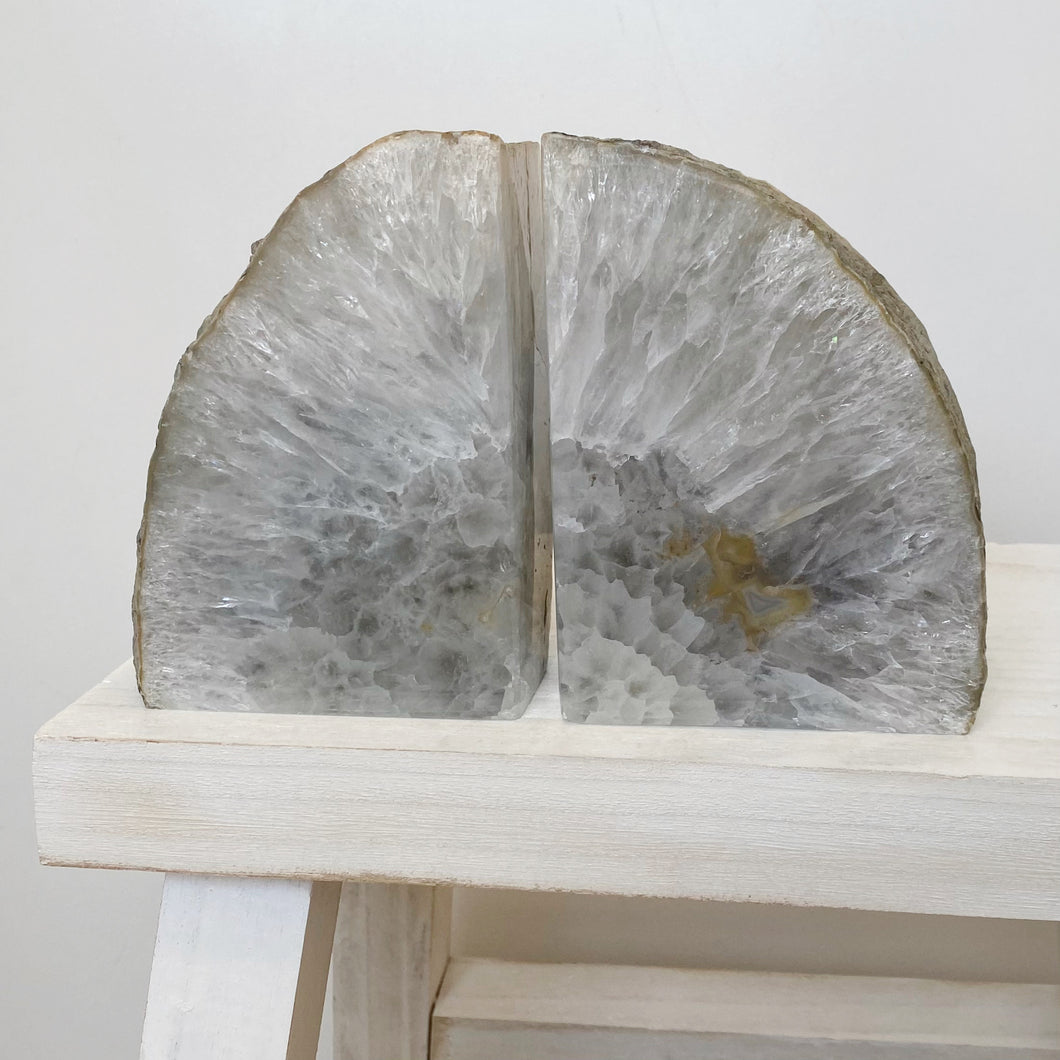 AGATE CRYSTAL BOOKENDS - WHITE/GREY